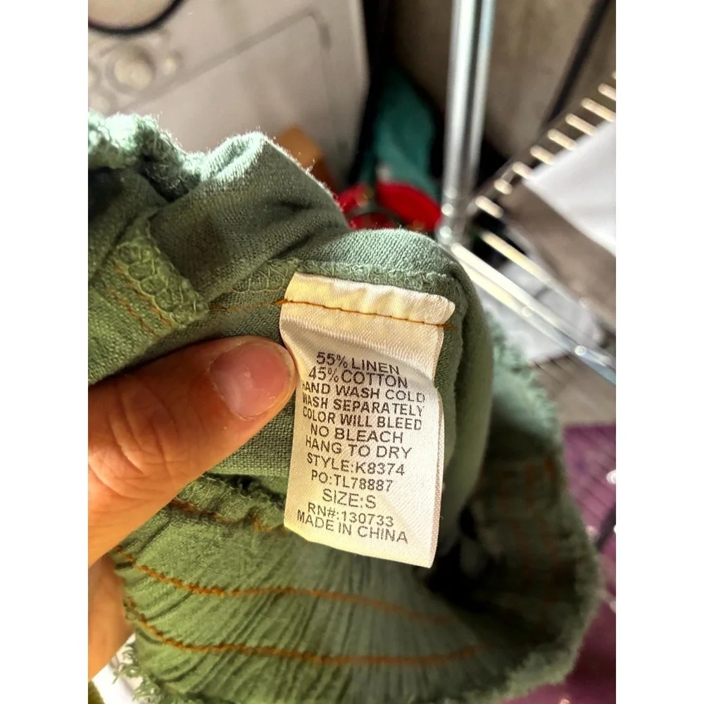 Umgee Linen Blend Cargo Pants Women Small Green Reg Fit Frayed Hem High Waisted